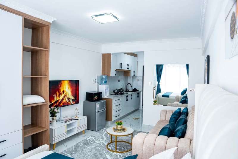 The whole studio, with the kitchenette at the far end