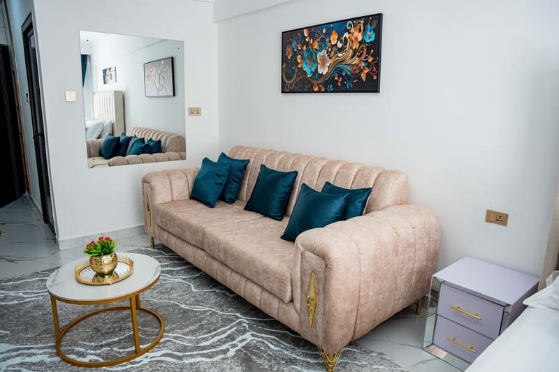 Sofa, coffee table and wall mirror
